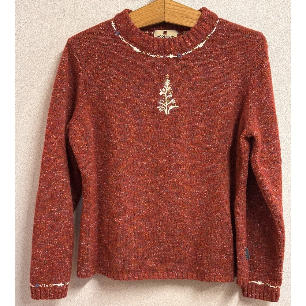 Woolrich Red Embroidered Sweater Wool Blend XL Marled Knit Winter Cabincore